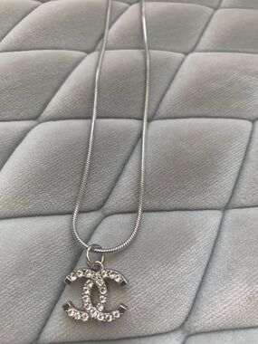 Silver Rhinestone Interlocking CC Pendant Necklace